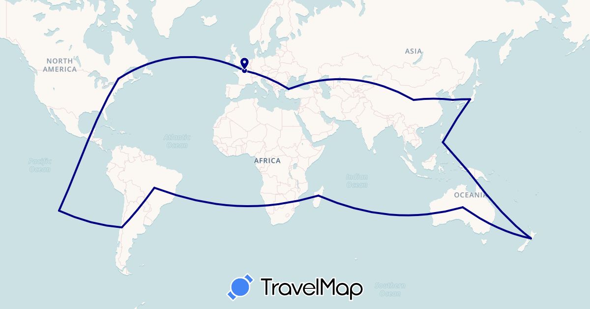 TravelMap itinerary: driving in Australia, Brazil, Canada, Chile, China, France, Indonesia, Japan, South Korea, Madagascar, New Zealand, Philippines, Turkey (Africa, Asia, Europe, North America, Oceania, South America)